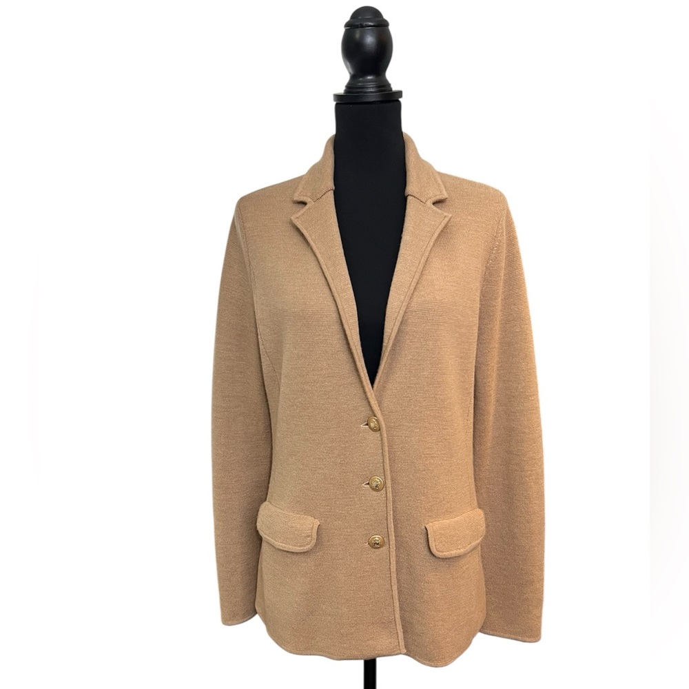 Talbots Pure Merino Wool Knit Blazer Tan Color Women Size M